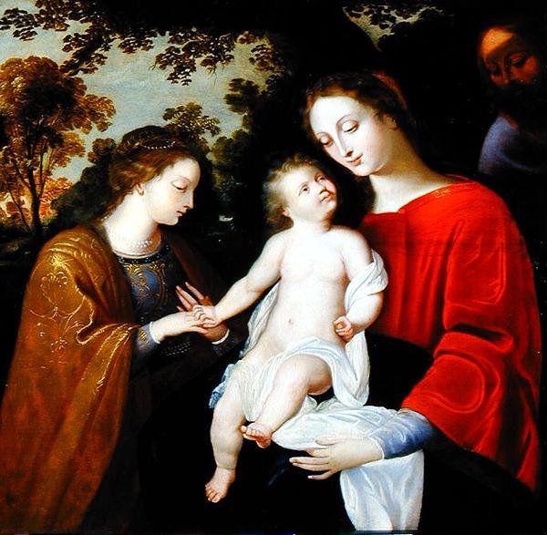 The Mystic Marriage of St. Catherine, ca. 1625-50 (olje på panel) av Flemish School