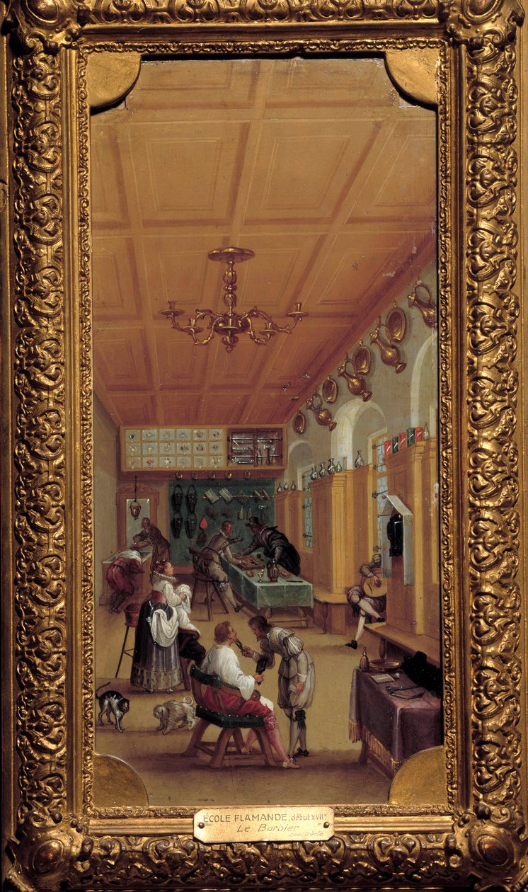 Frisørsalongen”” Maleri av den flamske skolen. begynnelsen av 1600-tallet. Dijon, Museum of Fine Arts av Flemish School
