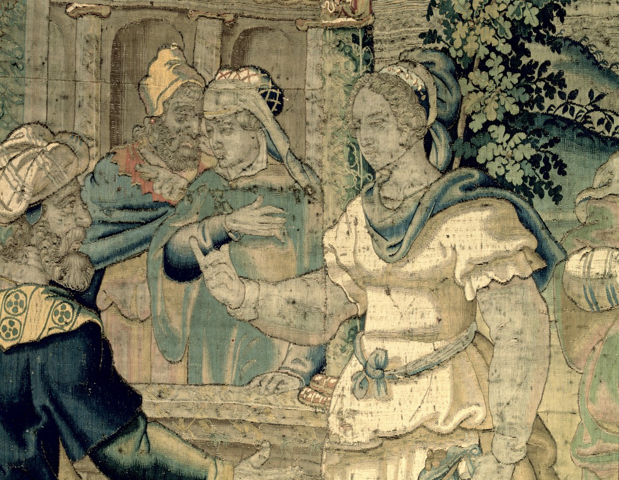 Døtrene til Jethro forteller faren deres om møtet med Moses (detalj fra 181718) av Flemish School