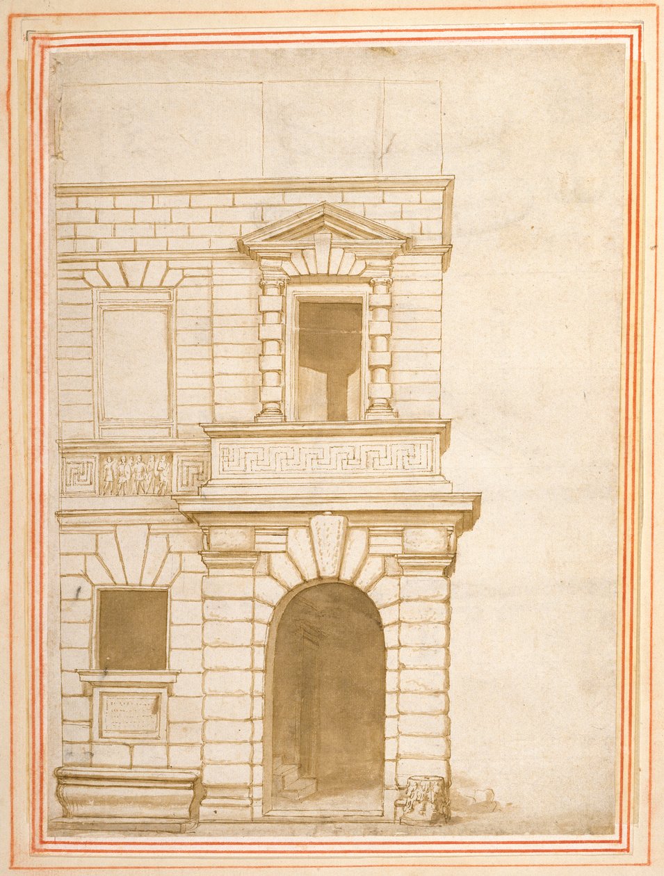 Fasaden til Giulio Romanos hus i Roma (penn og blekk på papir) av Flemish School