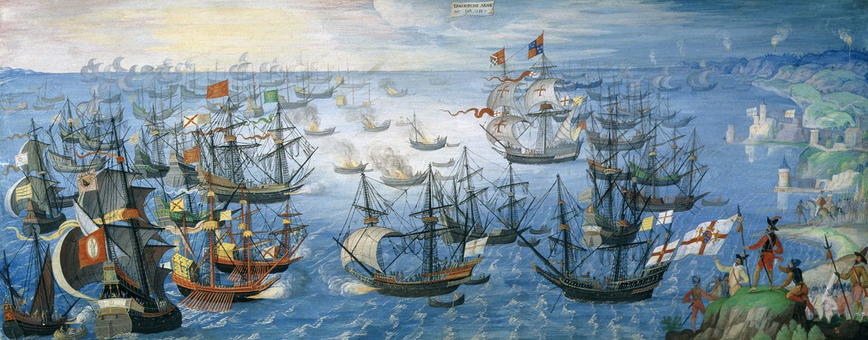 Utsettingen av engelske brannskip på den spanske flåten utenfor Calais med dronning Elizabeth I (1533-1603) til hest på land, natten til 7. august 1588, ca. 1605 (gouache på vellum forhøyet med av Flemish School