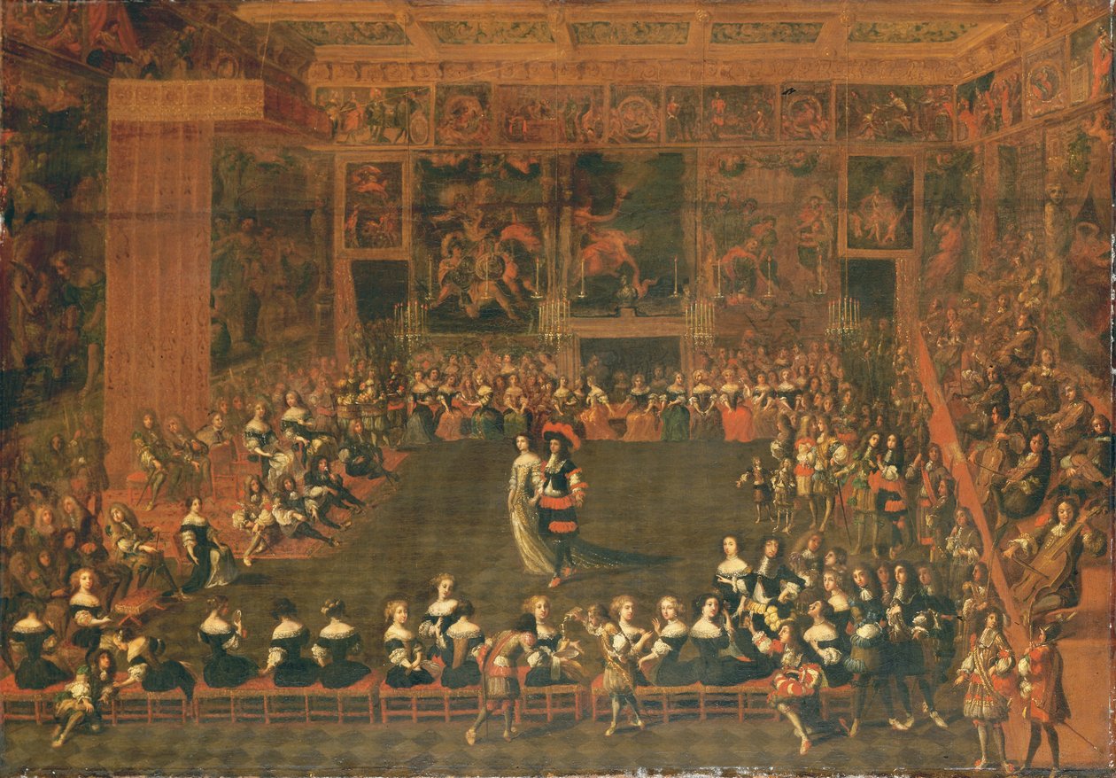 Åpningen av et ball i et palatialistisk forsamlingsrom, ca. 1660-70 av Flemish School