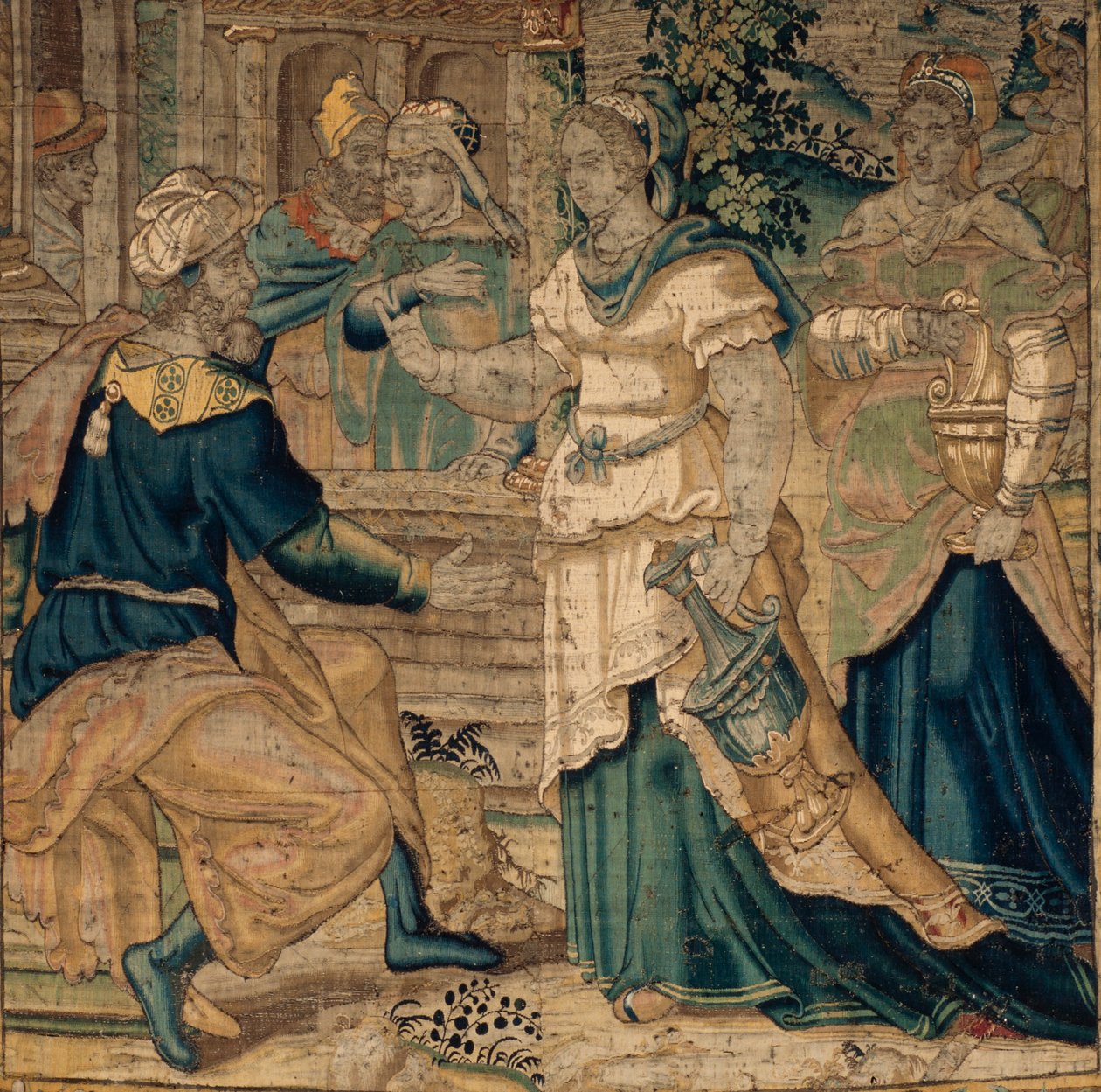 Universitetets samlinger. flamsk billedvev. Jetros døtre forteller faren sin om møtet med Moses. Detalj. Oudenaarde. Ca 1550. av Flemish School