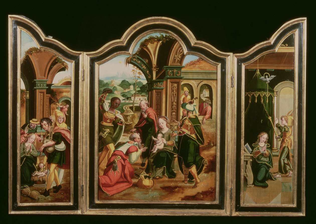 Triptych: The Adoration of the Magi (sentralpanel), Annunciation (LH panel), Adoration of the Shepherds (RH panel) av Flemish School