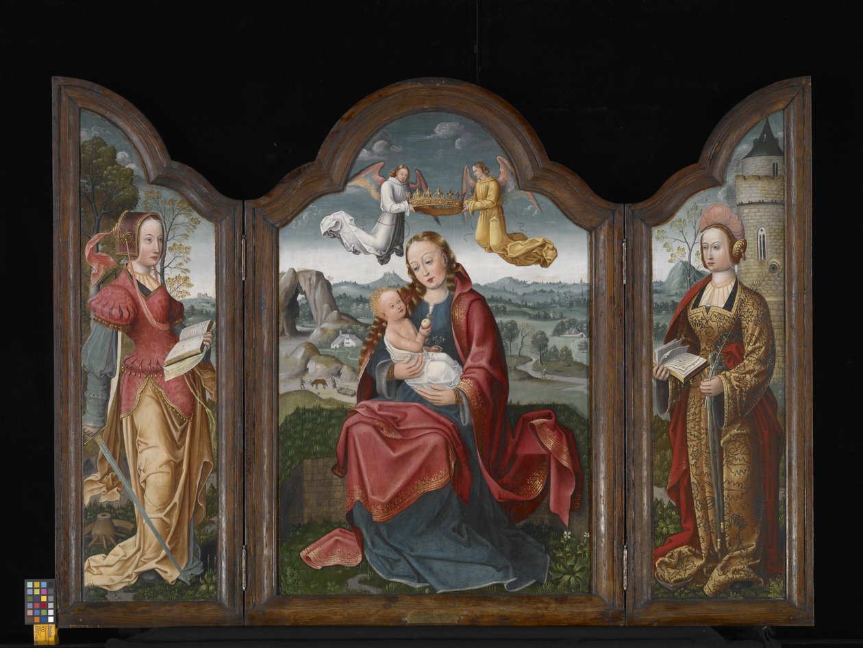 Triptyk med jomfruen og barnet, St. Barbara og St. Catherine (olje på tre) av Flemish School
