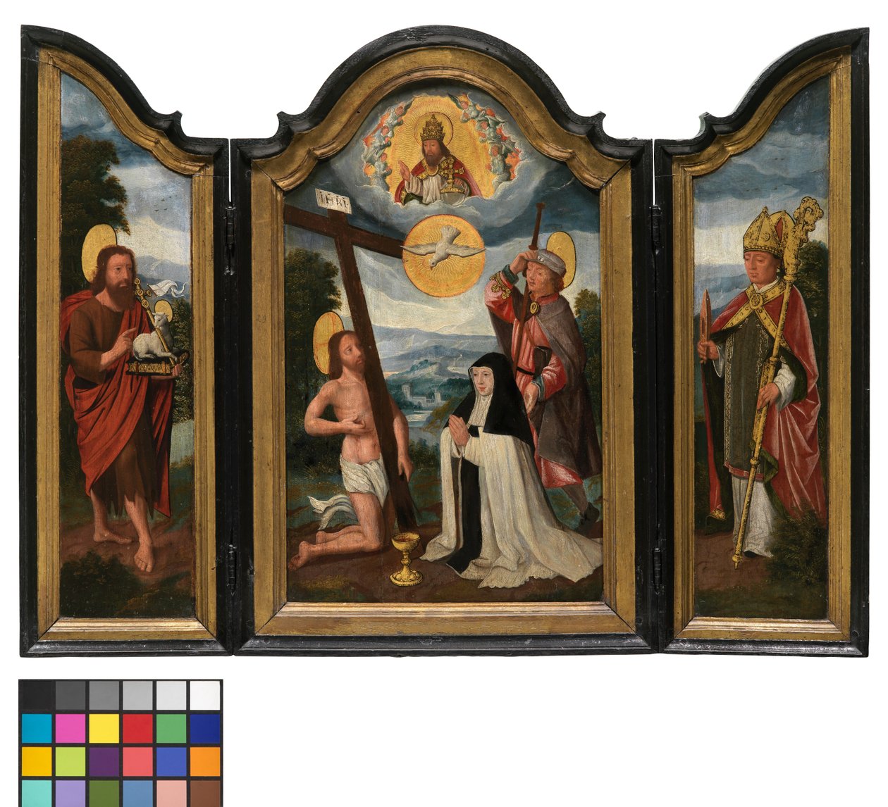 Triptyk med den hellige treenighet, en sykehussøster og skytshelgen (olje på panel) av Flemish School