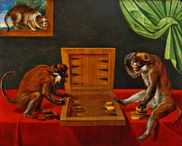To aper som spiller Tric Trac på et bord (olje på panel) av Flemish School