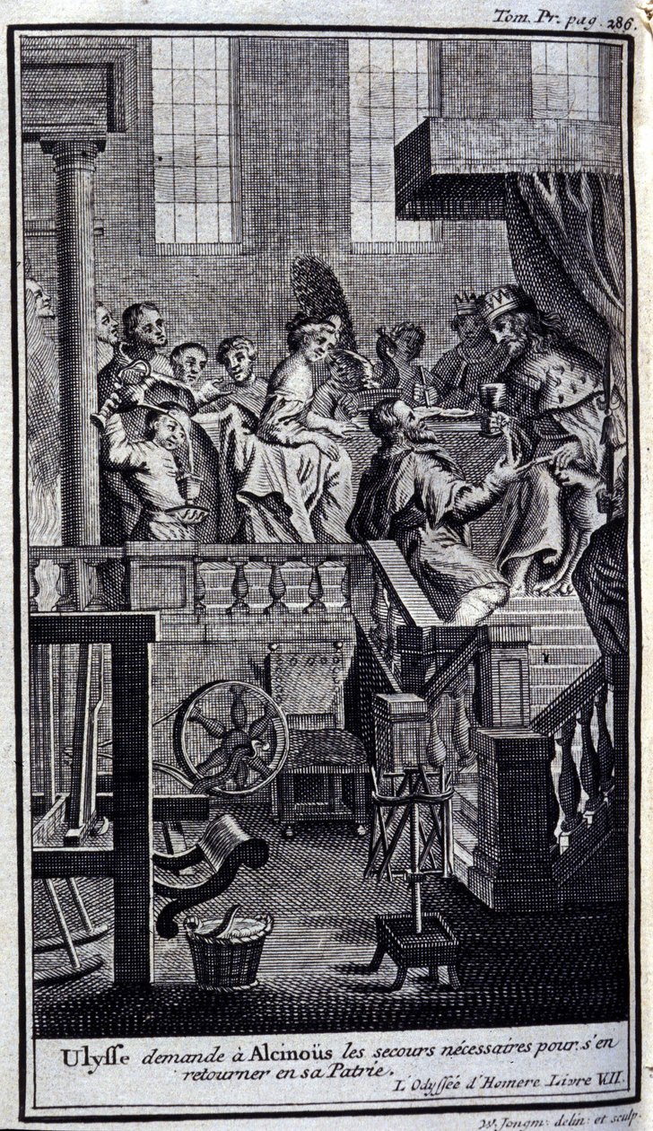 Ullysse ber Alcinous (Alcinoos) om nødvendig hjelp for å returnere til hjemlandet. Illustrasjon for bok VII av Odyssee of Homere, i Odyssee, utgitt i Amsterdam i 1731, Collection privee Milan. av Flemish School