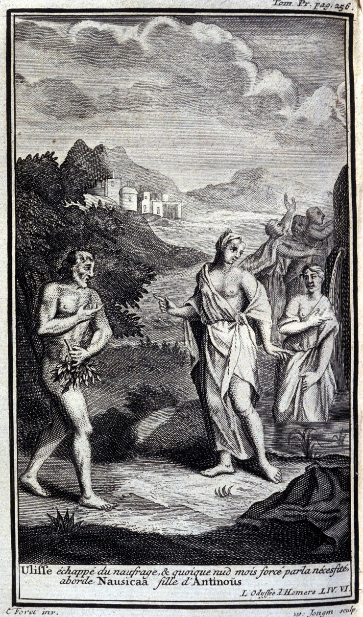 Ulysses rømmer fra forliset, og selv om han er naken, men med makt av nødvendighet, nærmer han seg Nausicaa, datter av Antinous (Antinoos). Illustrasjon for bok VI av Odyssee of Homere, i Odyssee, utgitt i Amsterdam i 1731, Milano. av Flemish School