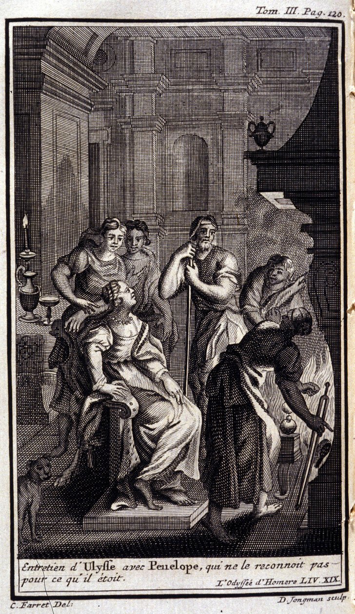 Ulysses intervju med Penelope, som ikke kjenner ham igjen for hva han var. Lilustrasjon for boken XIX of the Odyssee of Homere, in the Odyssee, utgitt i Amsterdam i 1731, Collection privee Milan. av Flemish School