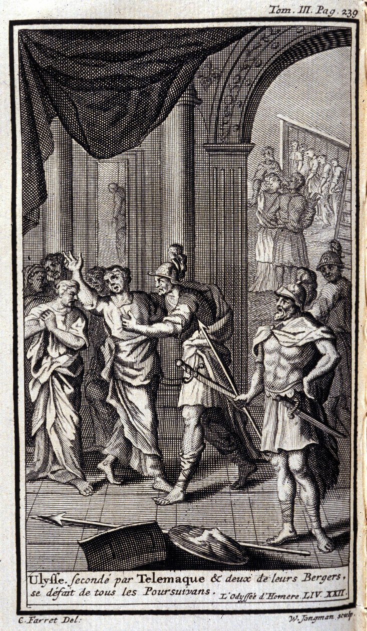 Ulysses nest etter Telemaque og to av gjeterne deres oppløste alle forfølgerne. Lustrasjon for XXII-boken til Odyssee of Homere, i Odyssee, utgitt i Amsterdam i 1731, Collection privee Milan. av Flemish School