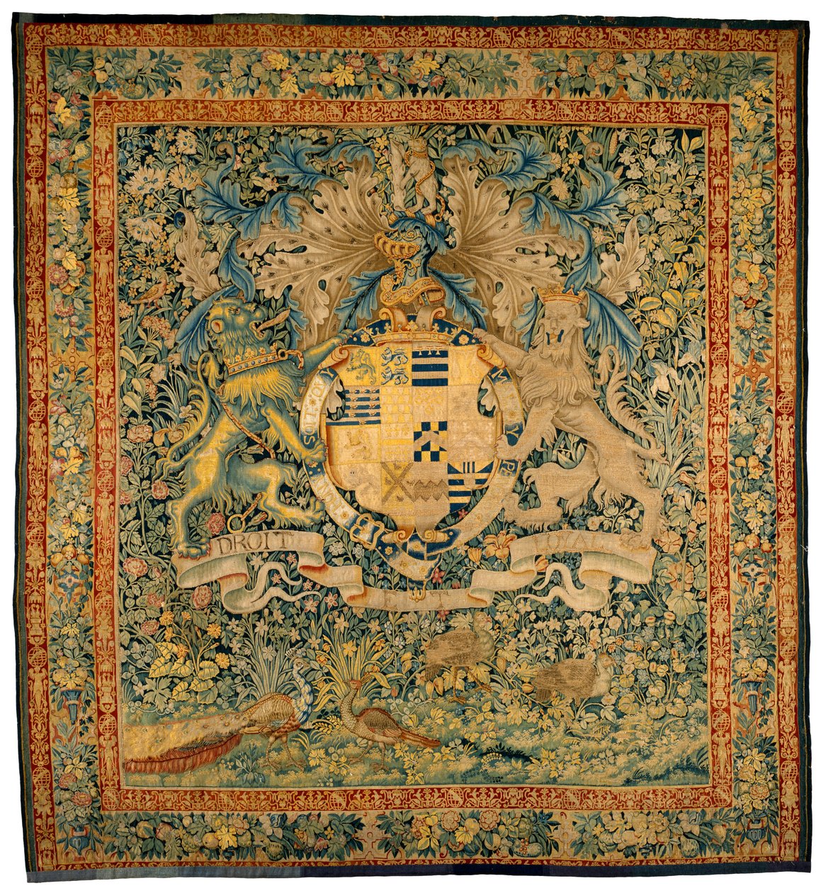 Verdure-teppe med armene til Robert Dudley, jarl av Leicester, ca. 1570-1585 (ull, silke) av Flemish School