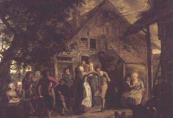 Landsbyboere gleder seg utenfor et gårdshus av Flemish School