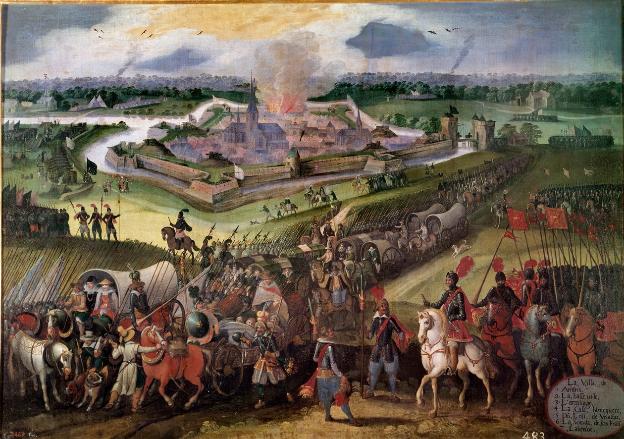 Krig mot Nederland: "" Utsikt over byen Ardres"": Erkehertug Albert av Østerrike tok byen i 1596. Maleri av den flamske skolen på 1600-tallet. Real Monasterio de El Escorial, El Escorial, Spania - Krig mot Nederland: Utsikt over av Flemish School