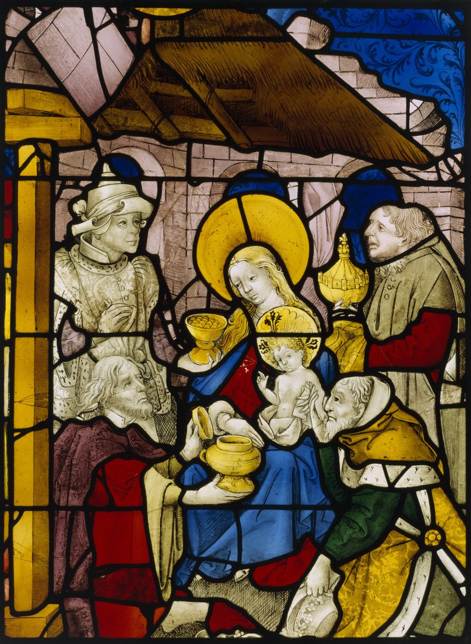 Vindu som viser tilbedelsen av kongene (farget glass) av Flemish School