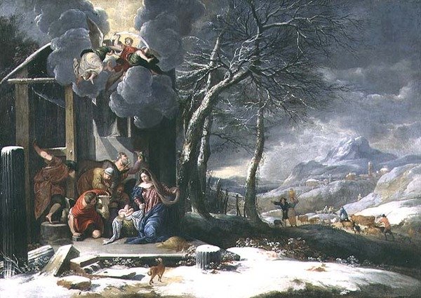 Vinterlandskap med fødsel (olje på lerret) av Flemish School