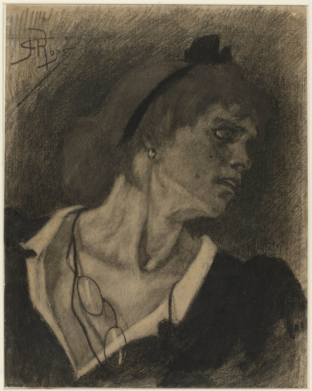 Byste av en kvinne med en lorgnett på en snor rundt halsen av Félicien Rops