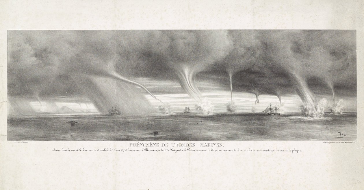 Waterhozen op zee på Sicilia, 1827 Fenomenet med vannsprut, observert i havet på Sicilia, i sikte av Stromboli, 27. juni 1827 (tittel på objekt) av Félix Achille Beaupoil Saint Aulaire
