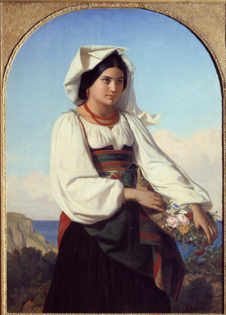 Ung jente som bærer blomster, maleri av Felix Joseph Barrias (1822-1907) 1846 Nantes, Musee des Beaux Arts av Félix Joseph Barrias