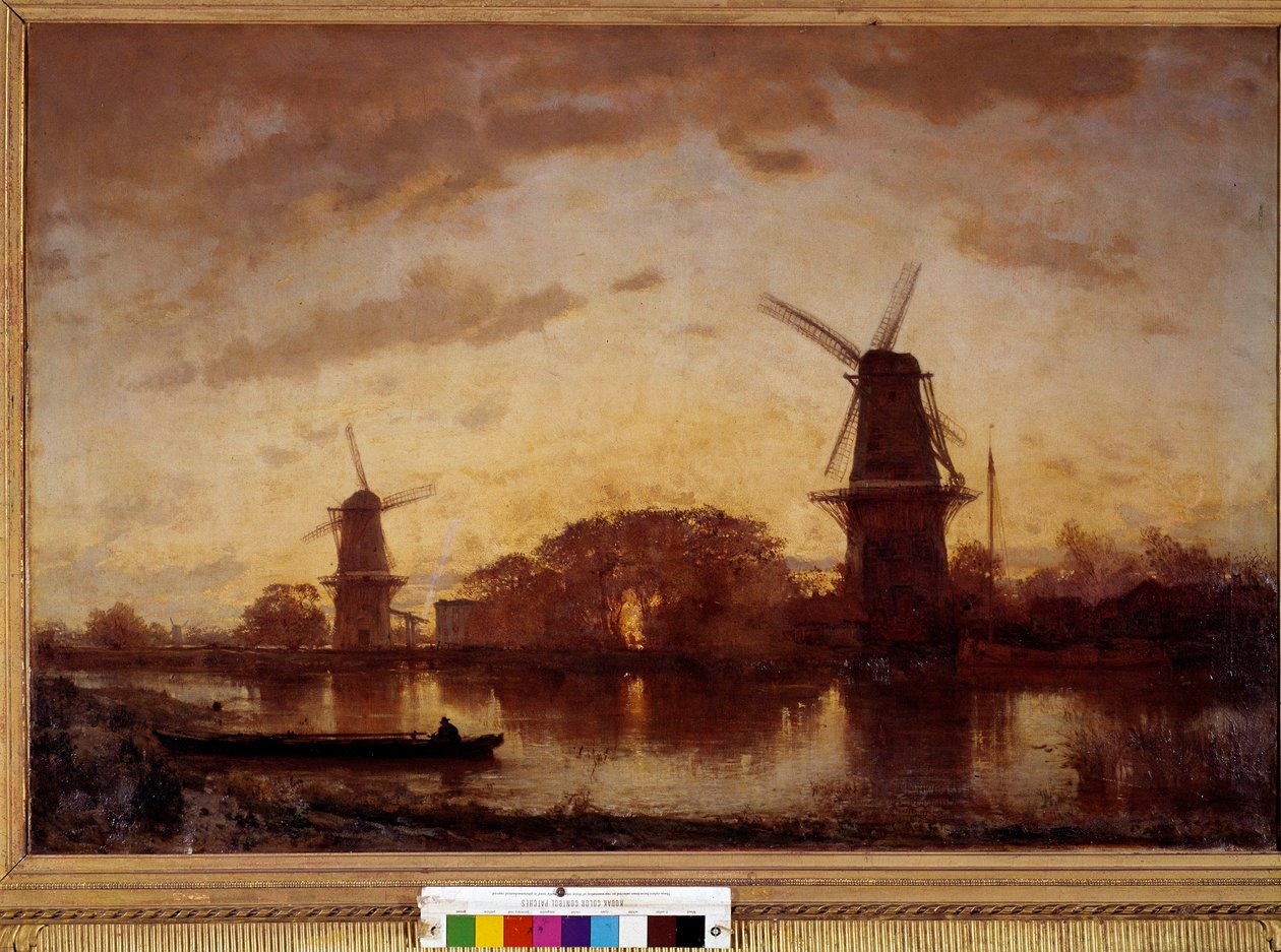 Bredden av Amstel-elvens landskap med møller i Nederland. Maleri av Felix Ziem (1821-1911). 1852. Søn 1,01 X 1,50 m. Bordeaux, Museum of Fine Arts av Félix Ziem