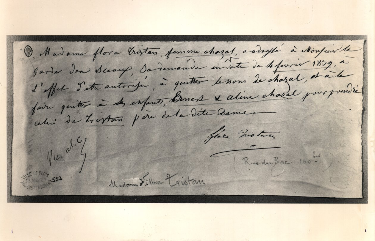 Autografert brev fra Flora Tristan (1803-44) til den franske justisministeren, som ber om skilsmisse, 4. februar 1839 av Flora Tristan