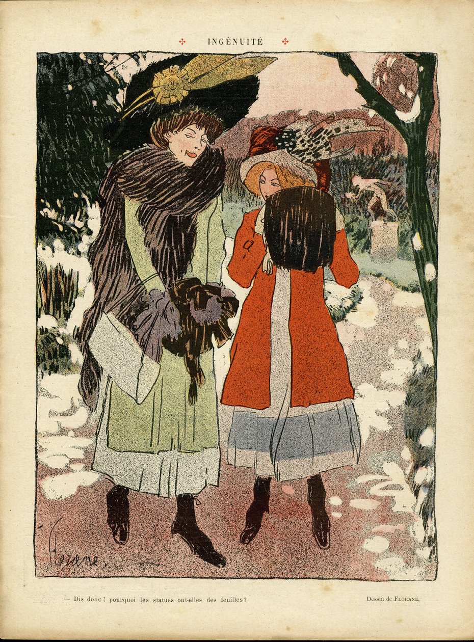 Illustrasjon av Florane (1872-1940) i Le Rire, 22/01/10 - Ingenuite - Mote, hatt, offentlig hage av Florane Florane