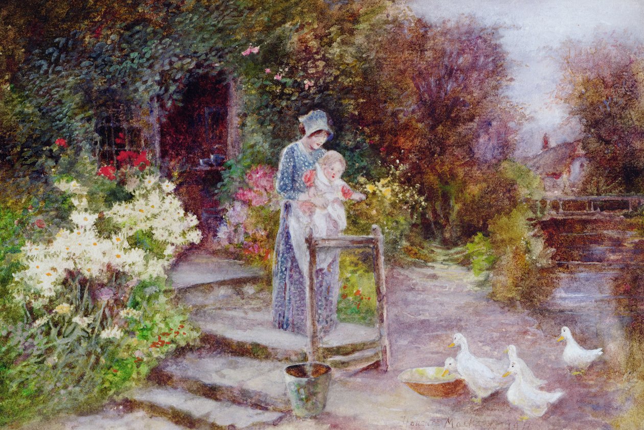 Kvinne og barn i en hyttehage av Florence Agnes Mackay