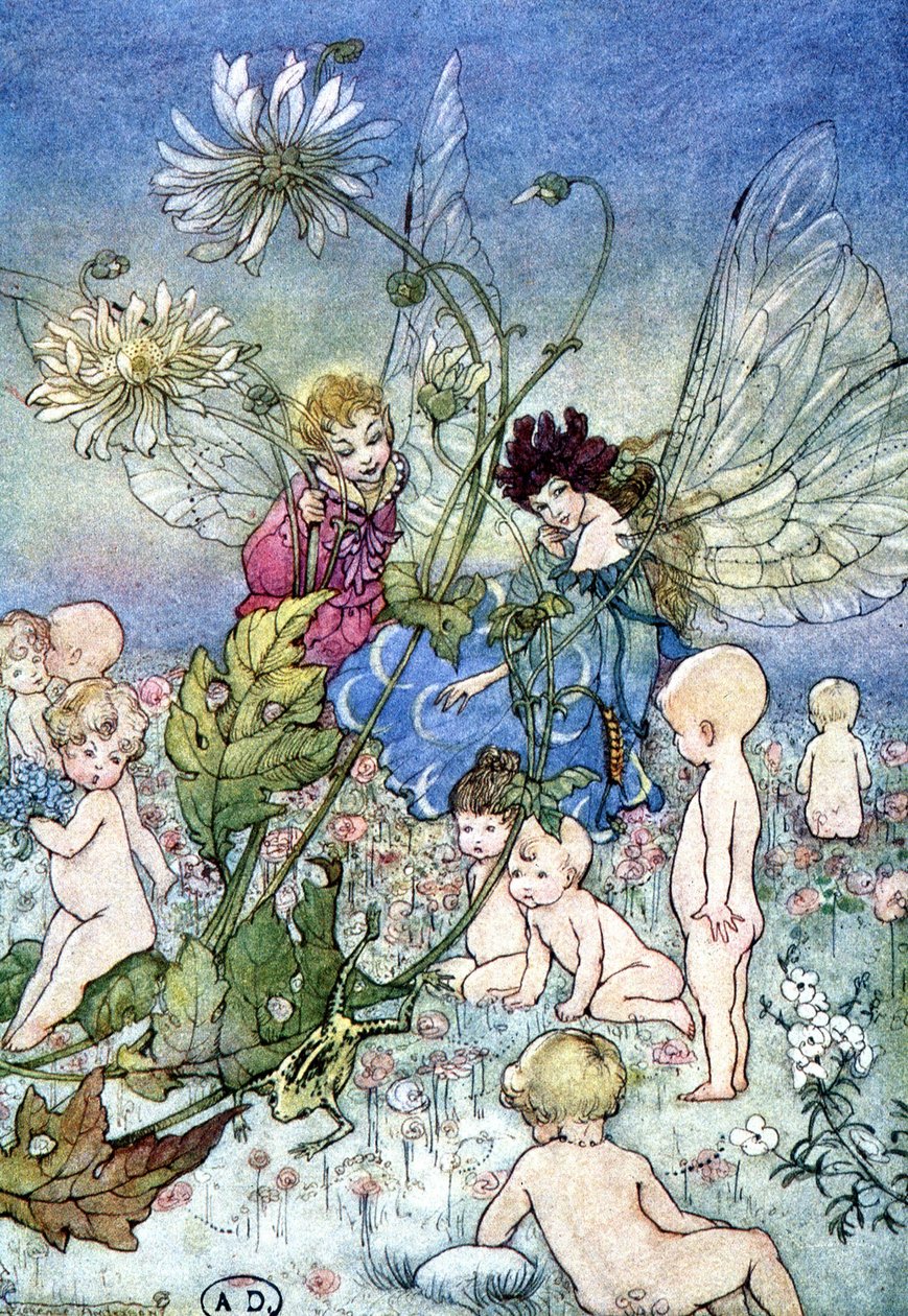 Kvinne-libelle (fe) og alv omgitt av babyer - i "My Fairyland"" av Fiona Malcom, ill. Florence Anderson av Florence Anderson
