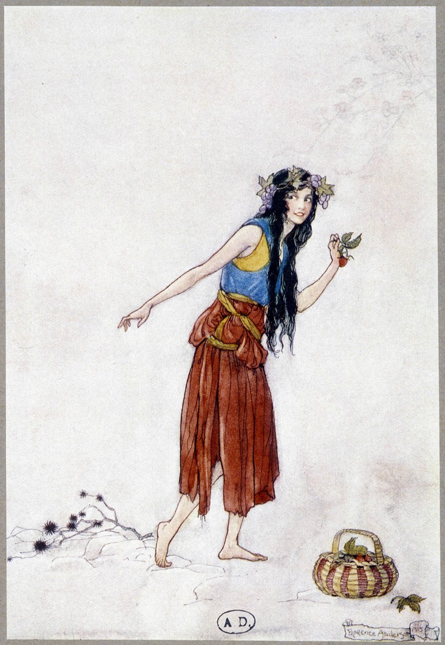Ung jente i snøen med jordbær, "My Fairyland"" av Fiona Malcom, illustrasjon av Florence Anderson av Florence Anderson