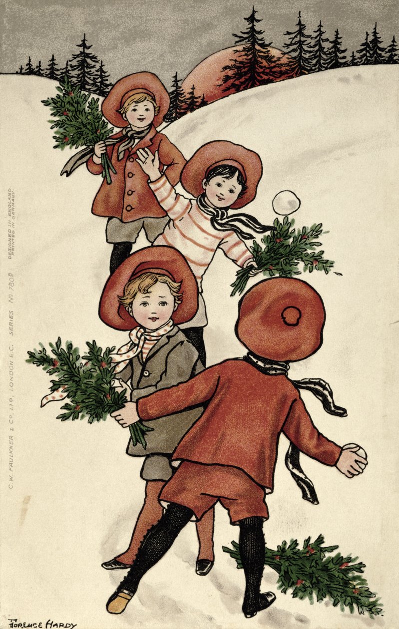 Barn med Holly som kaster snøballer (farge litho) av Florence Hardy