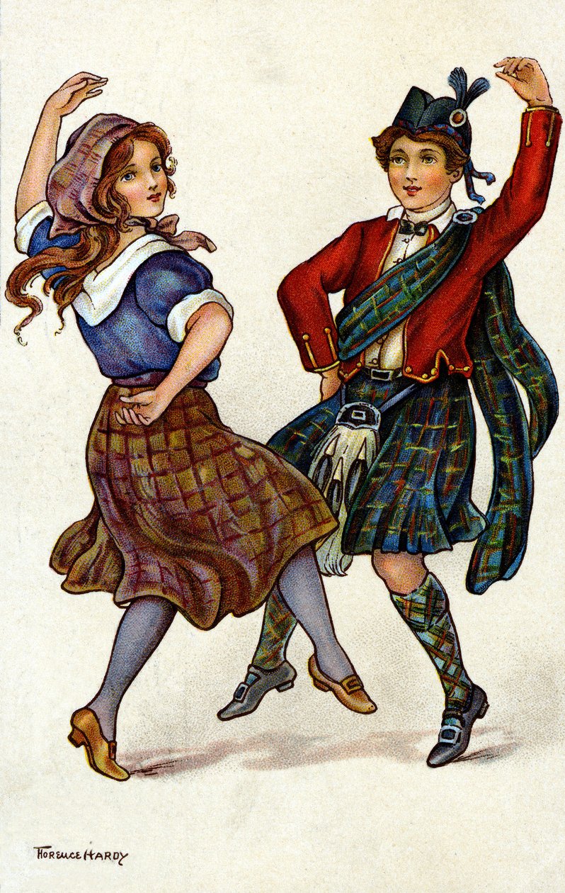 Par danser i tradisjonell skotsk drakt. Kromolitografi av Florence Hardy av Florence Hardy