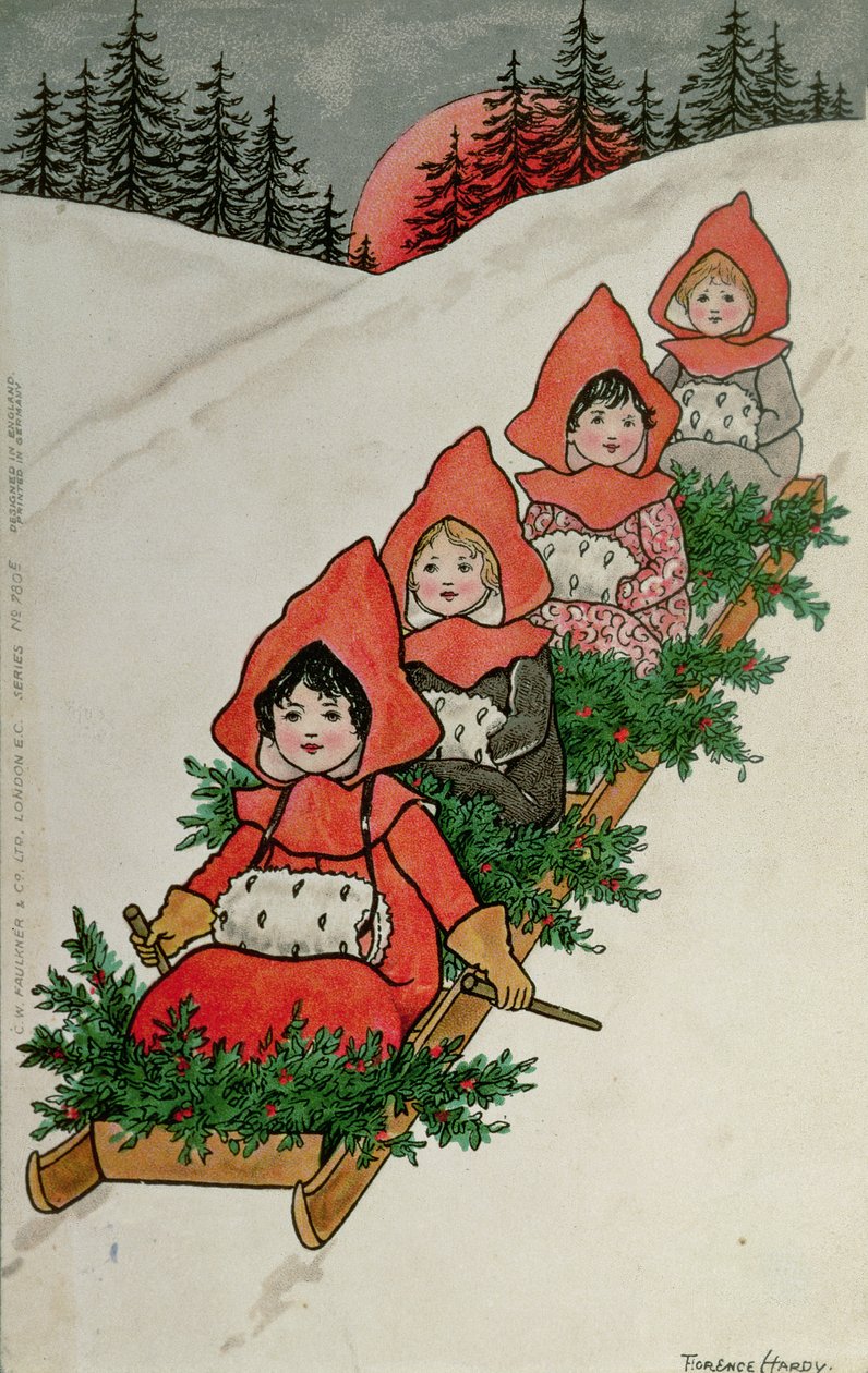 Fire små jenter på en slede (fargelitografi) av Florence Hardy