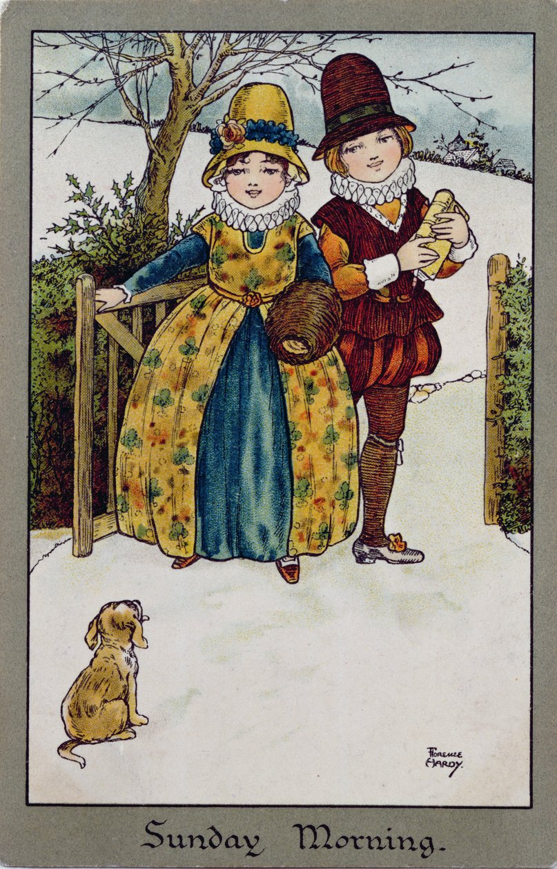 Søndag morgen, viktoriansk kort (fargelitografi) av Florence Hardy