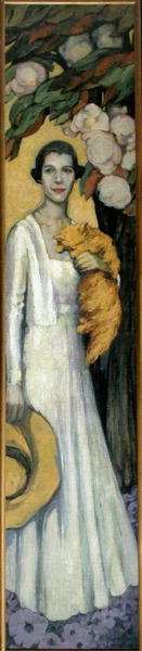 Portrett av Emily MacFadden med katten sin (olje på lerret) av Florence Lundborg