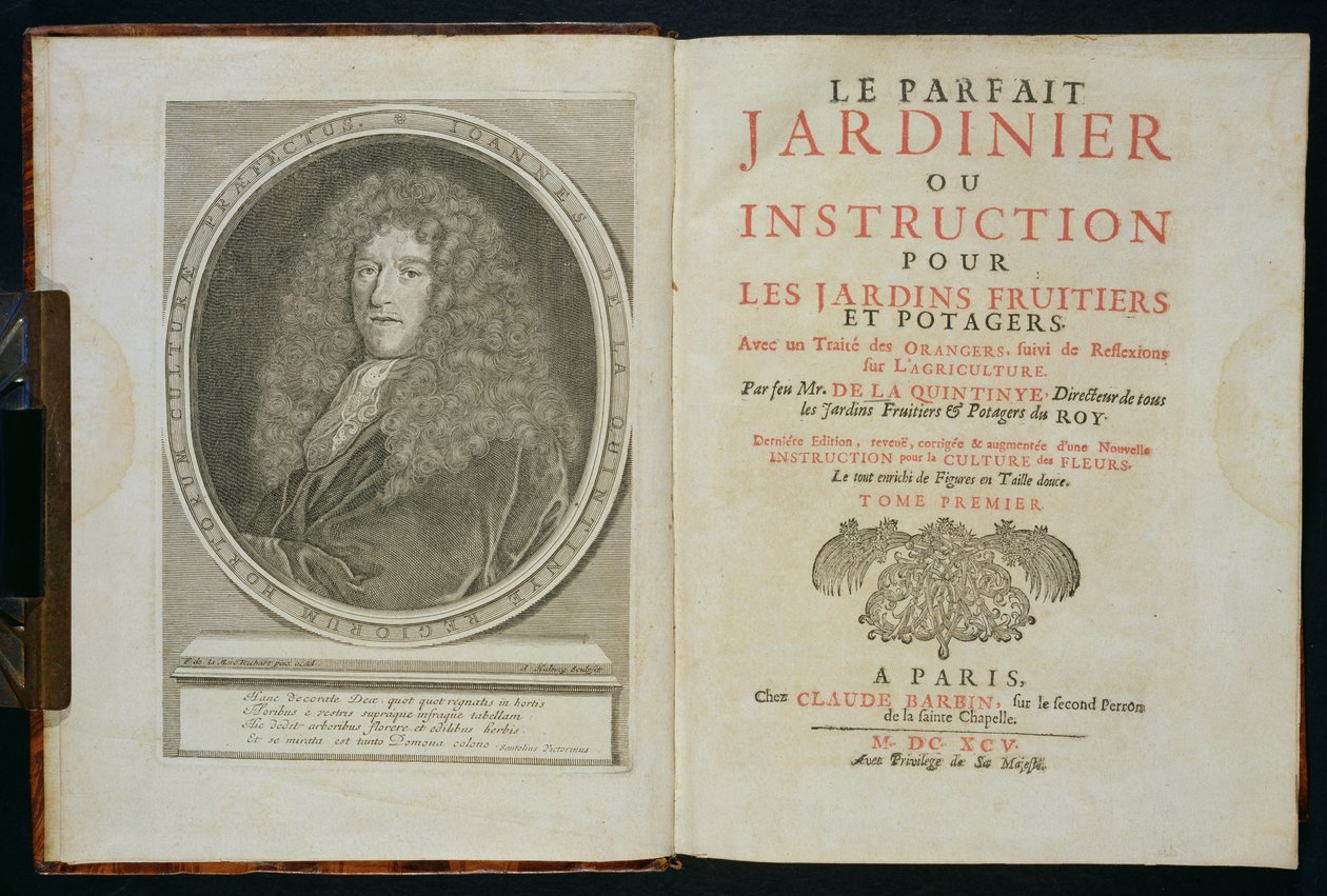 Tittelside og portrettfront av forfatteren, fra Le Parfait Jardinier, ou Instruction pour les Jardins Fruitiers et Potager, av Jean de la Quintinye, utgitt 1695 av Florent Richard de Lamarre