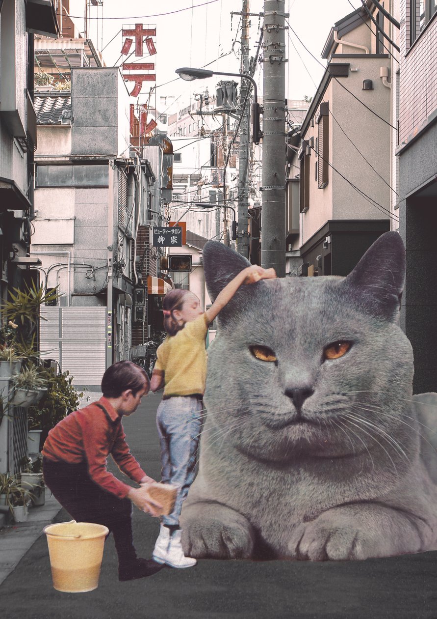 Barn som vasker en gigantisk katt i Tokyo-gatene av Florent Bodart