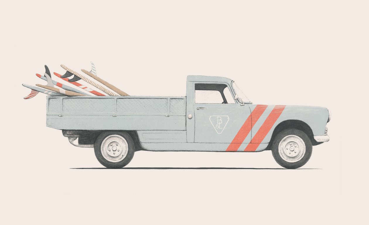 Pickup bil med surfebrett, 2019 (blyant, digital) av Florent Bodart