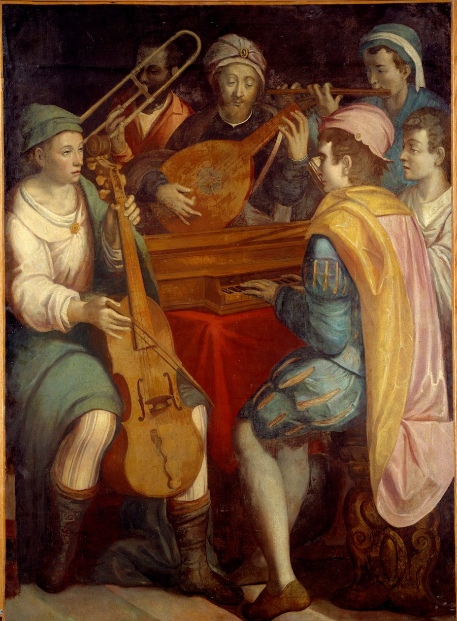 Konsert Lutemusikere, epinett, trombone og viola de gamba. Anonymt maleri av den florentinske skolen 1550-1600. Søn 1,8x1,3 m av Florentine School