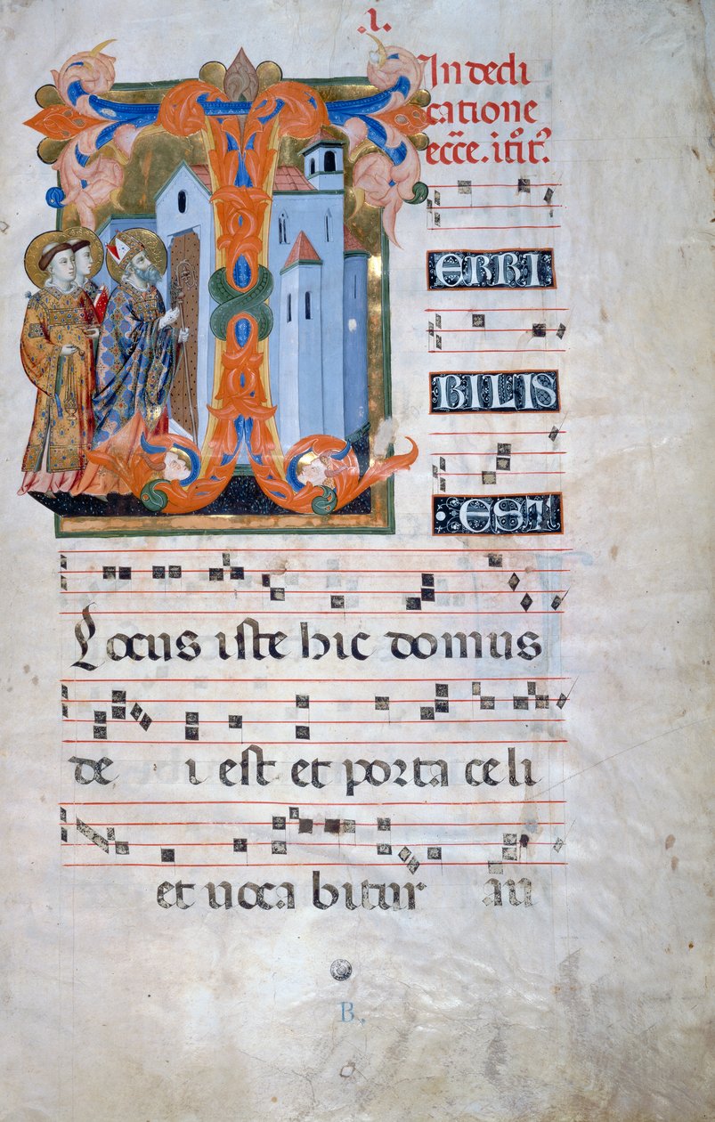 Opplyst initial med en biskop som velsigner en kirke (Corale 2, ca. 1), for korbok 2 av Santa Maria degli Angeli av Florentine School