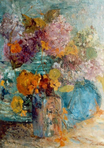 Hortensia og nasturtium i en glassvase av Floris Verster