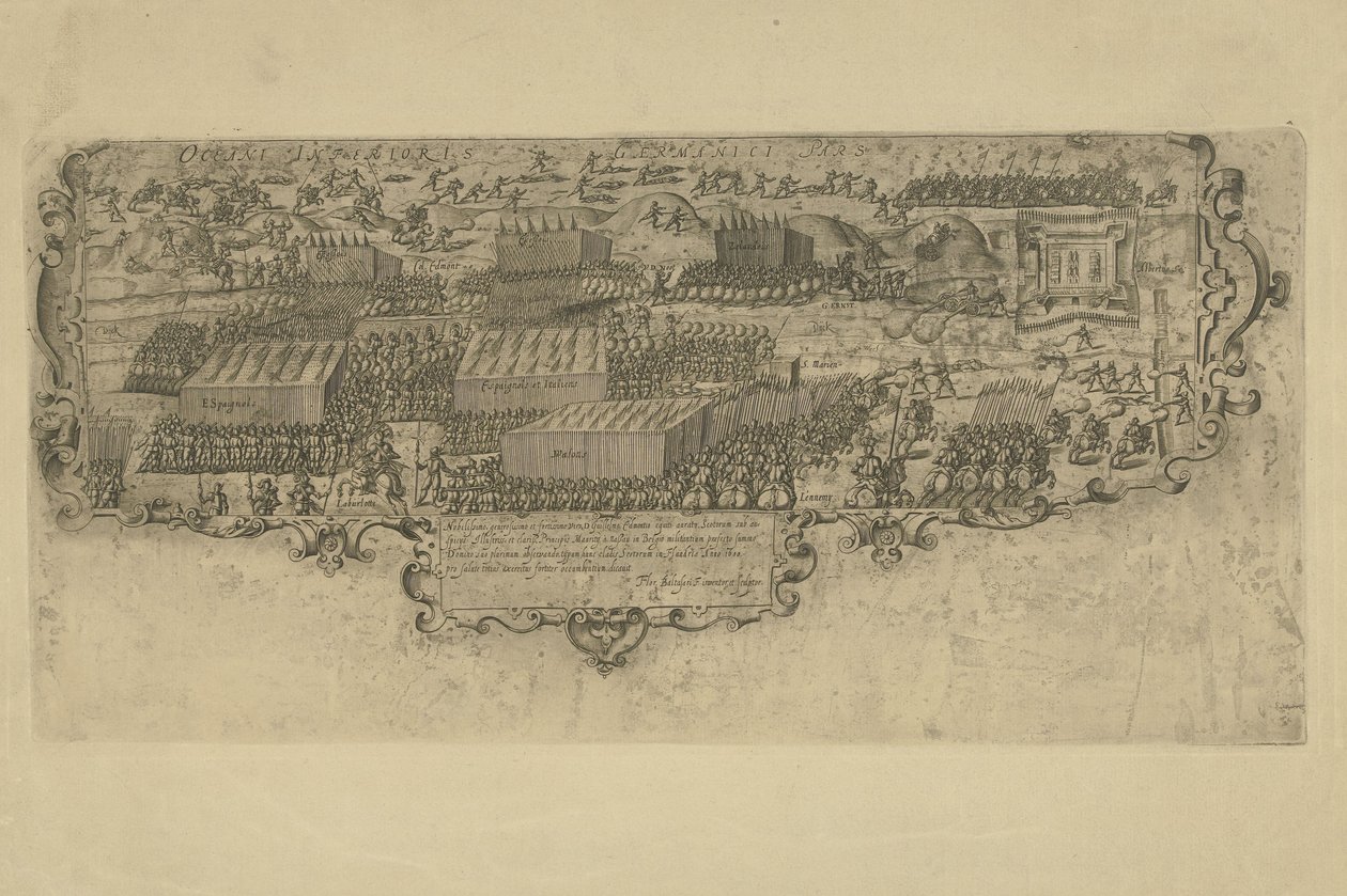 Slaget ved Leffingedijk mellom statstroppene til Ernst Casimir van Nassau og spanjolene til Albrecht av Østerrike, 1600 av Floris Balthasarsz. van Berckenrode