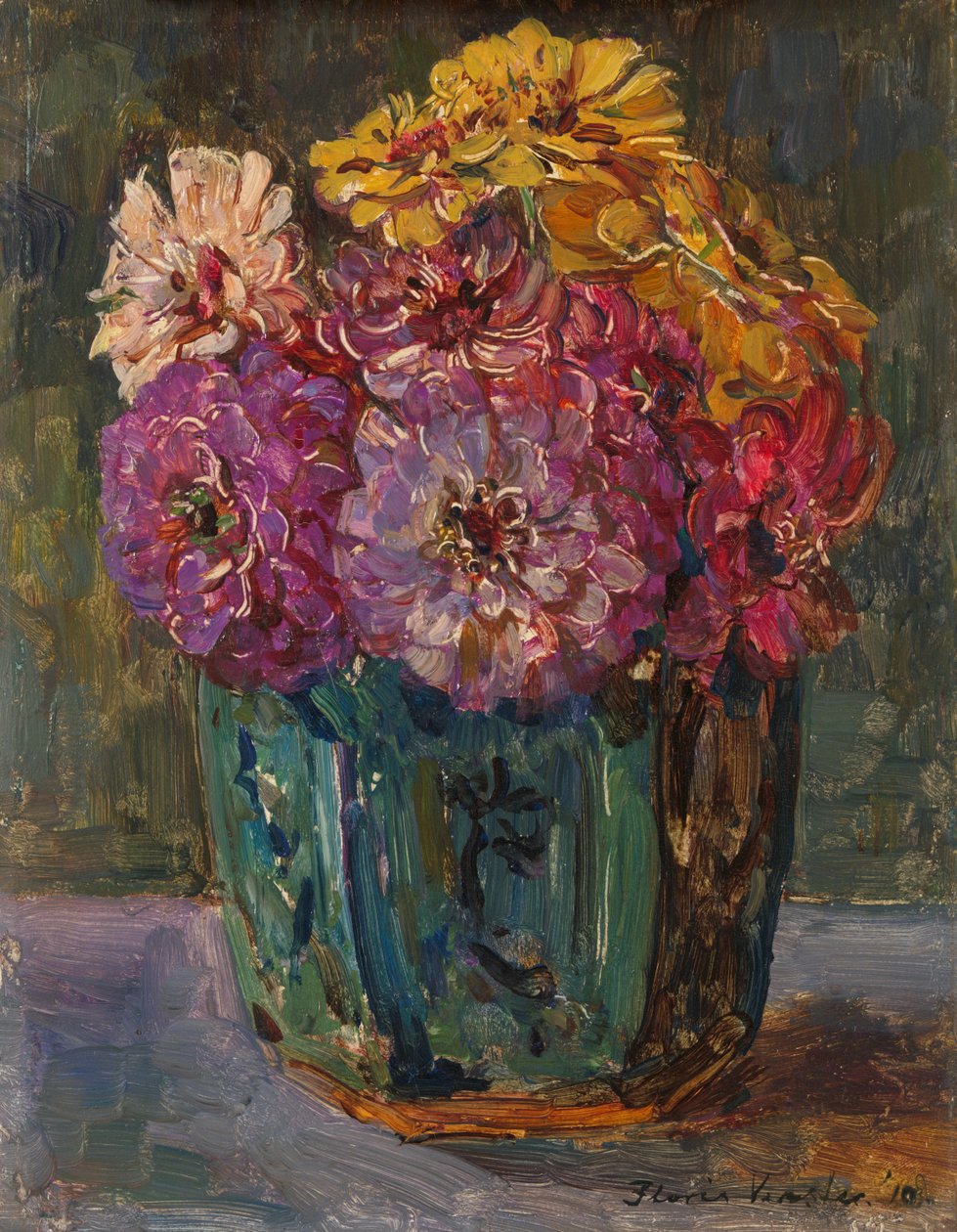 Stilleben med Zinnias i en grønn krukke av Floris Verster