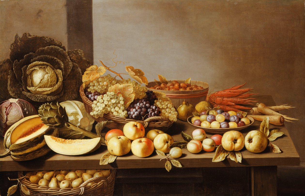 Skåler med frukt og nøtter på et trebord med en kurv med pærer under, av Floris Gerritsz van Schooten