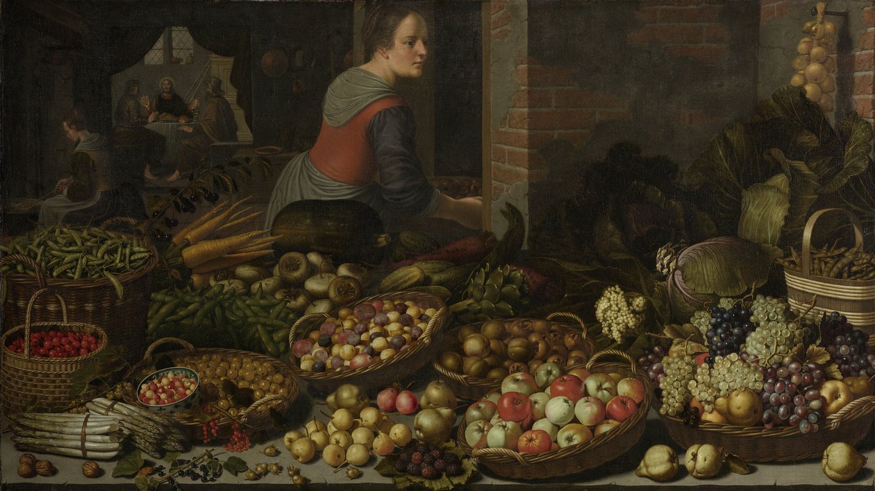 Stilleben med frukt og grønnsaker, med Kristus ved Emmaus i bakgrunnen, ca. 1630 av Floris Gerritsz van Schooten