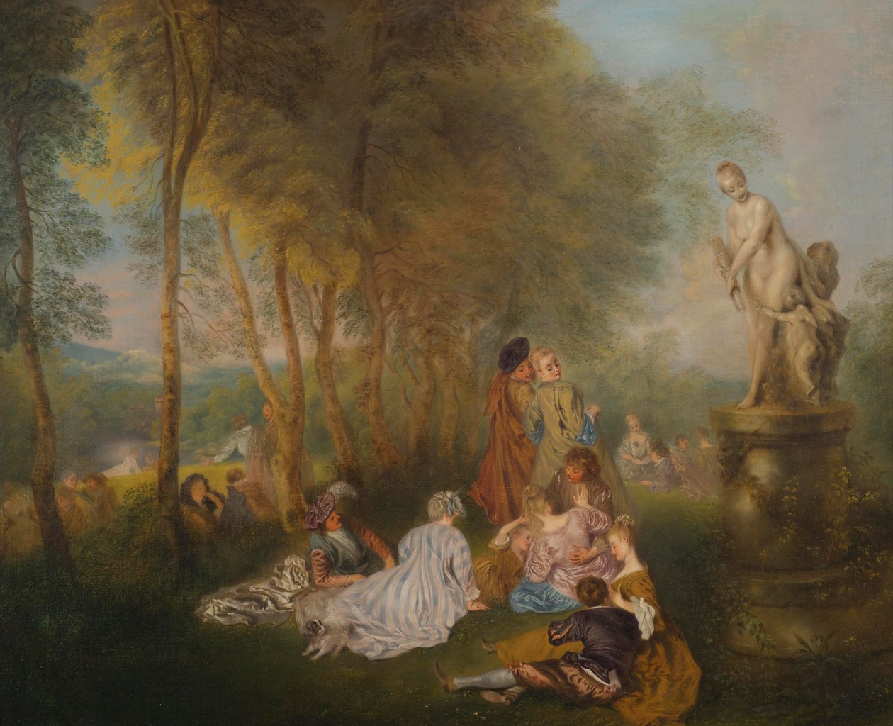 Fête galante med en statue av Venus av Follower of Antoine Watteau