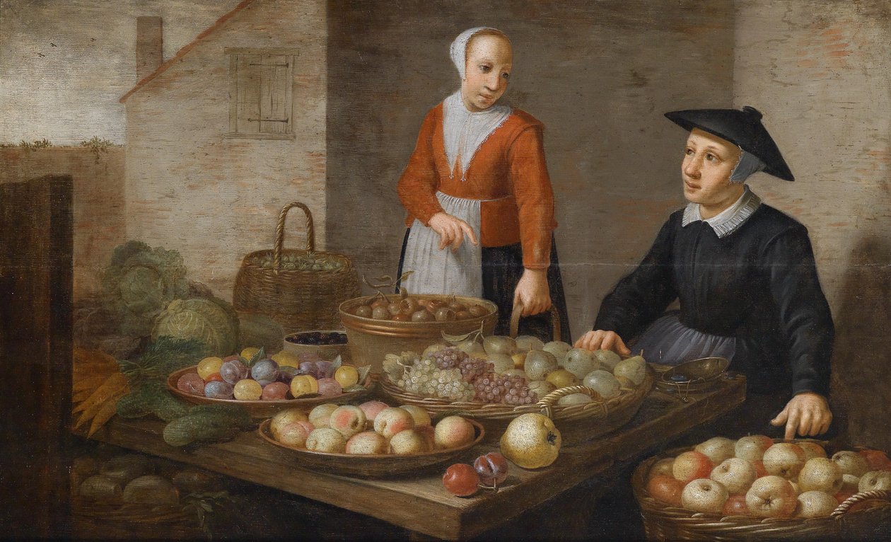 Markedsscene med to kvinnelige selgere av frukt og grønnsaker av Follower of Floris van Schooten