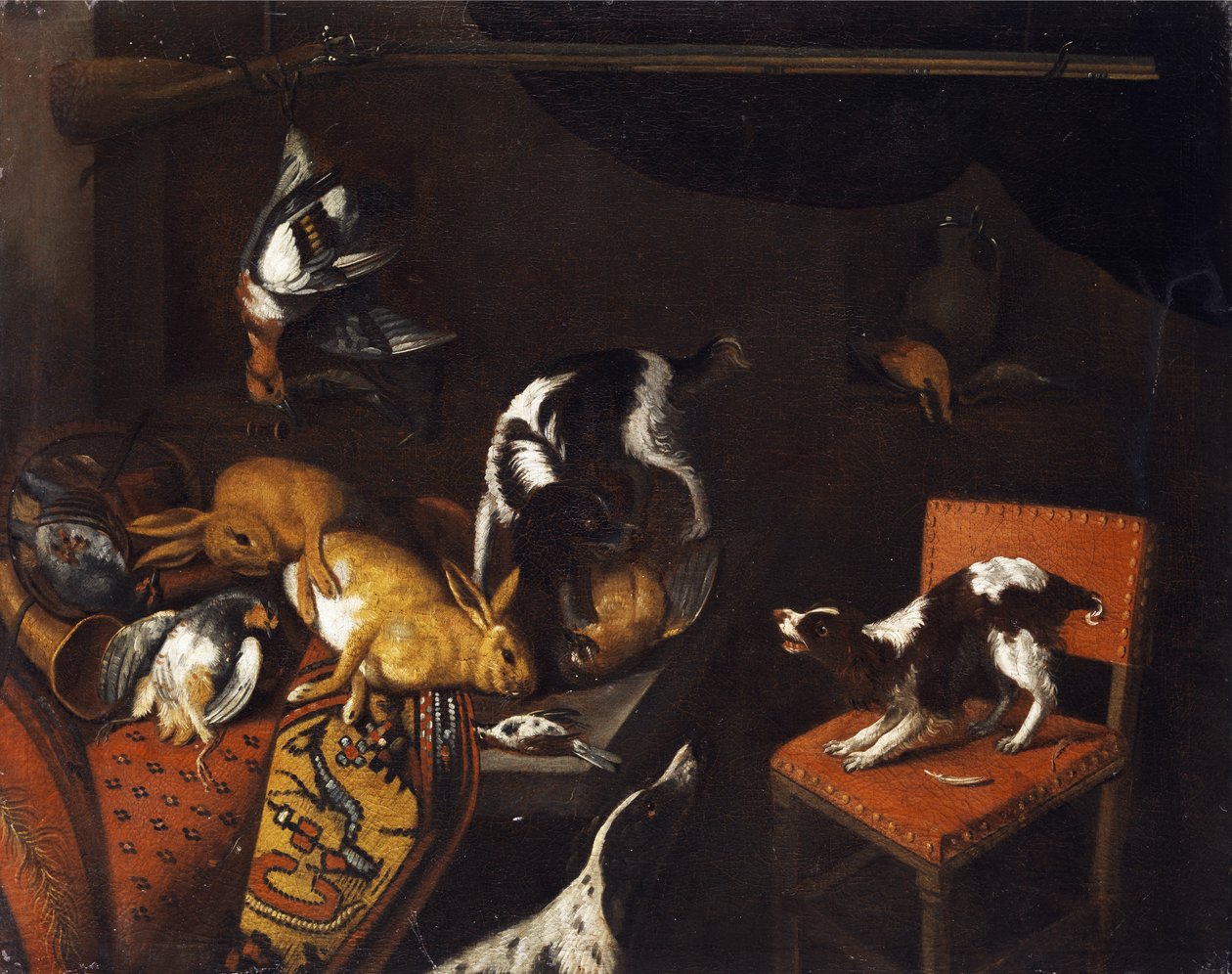 Stilleben med døde harer og fugler, lenestol, jakthunder, jaktpistol av Follower of Frans Snyders