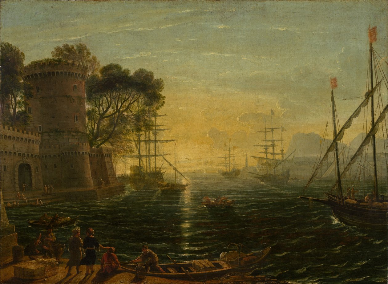 Havn ved solnedgang av Follower of Claude Lorrain