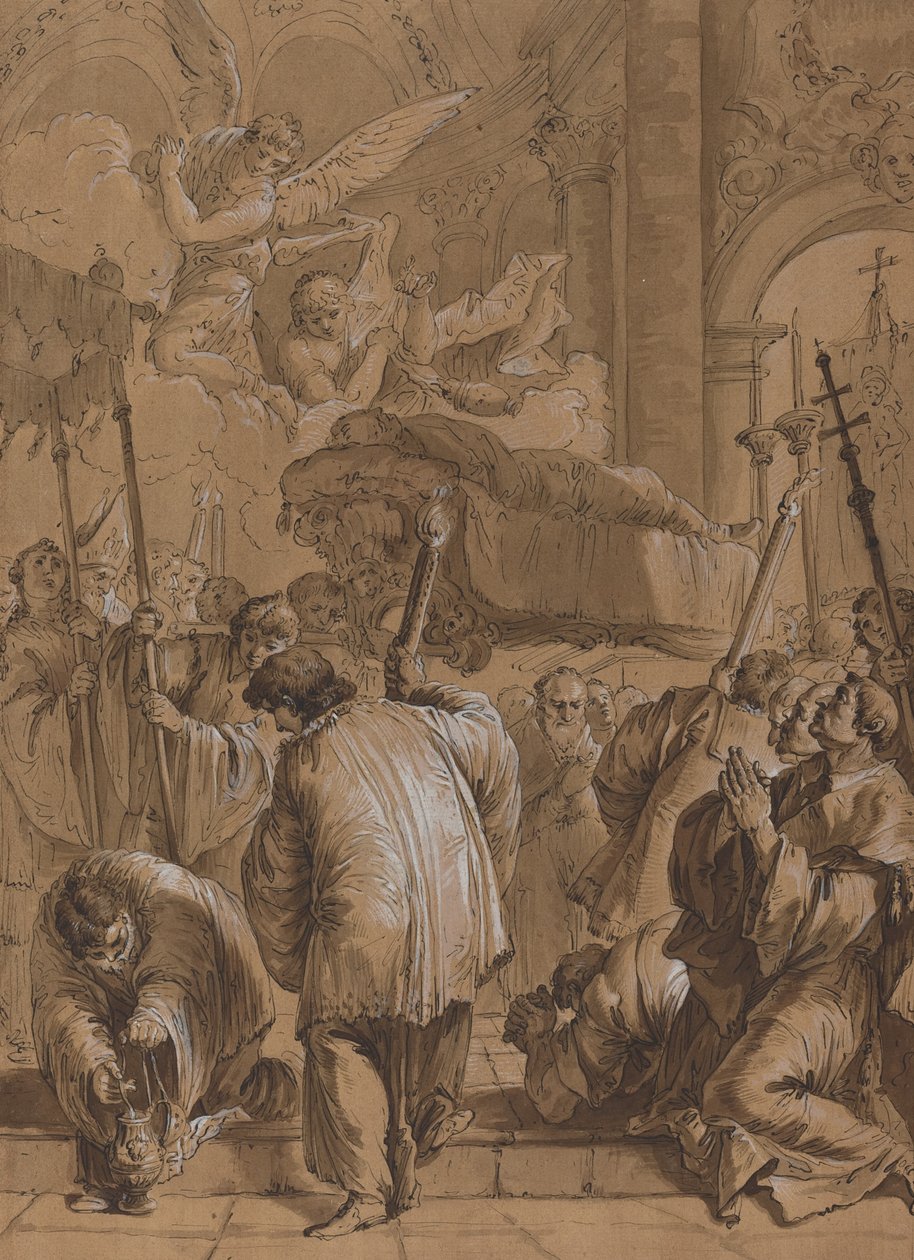 Begravelsesprosesjon av en helgen med engler av Follower of Francesco Fontebasso