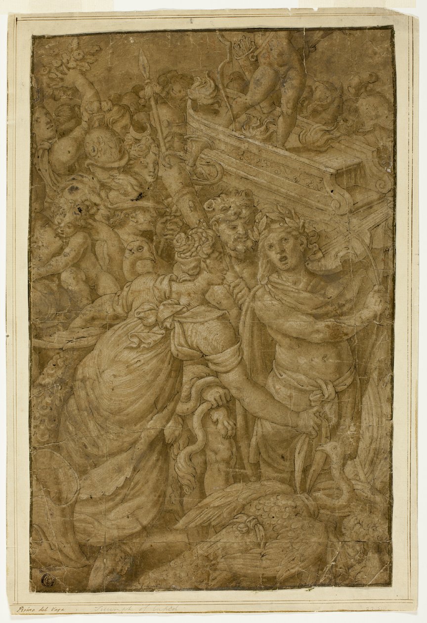 Amor i triumfvogn, akkompagnert av guder og gudinner av Follower of Giulio Romano